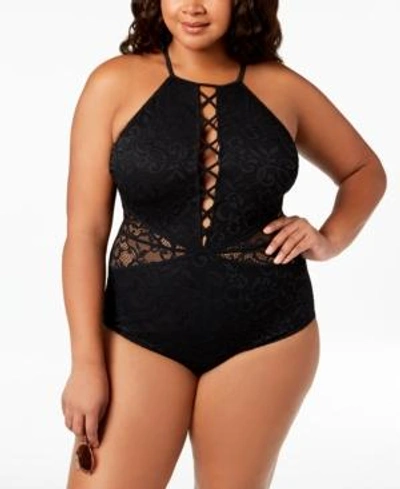 Shop Profile By Gottex Plus Size Shalimar Crochet High-neck Tummy Control One-piece Swimsuit Women's Swim In Black