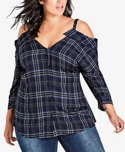 Shop City Chic Trendy Plus Size Plaid Cold-shoulder Top In Navy/blue