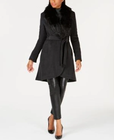 Shop Calvin Klein Faux-fur-collar Wrap Coat In Charcoal