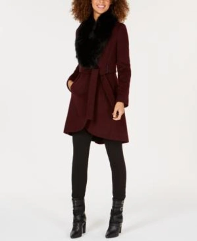 Calvin Klein Faux-fur-collar Wrap Coat In Burgundy | ModeSens