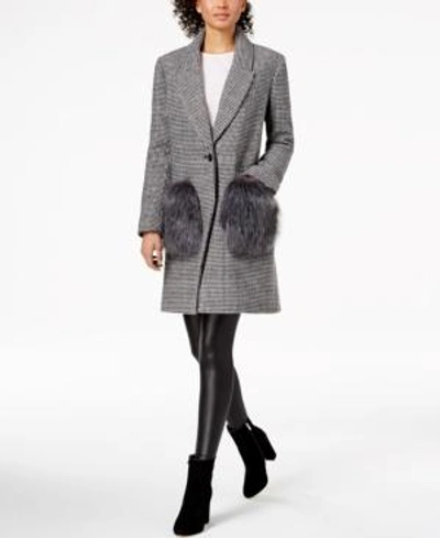 Shop Kendall + Kylie Faux-fur-pocket Houndstooth Coat In Black/white