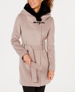 calvin klein faux fur trim wrap coat