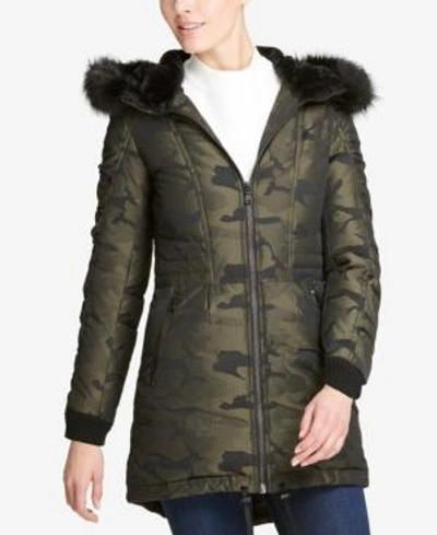 Shop Dkny Faux-fur-trim Camo-print Parka, Created For Macy's In Olive Camo