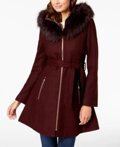 Shop Laundry By Shelli Segal Faux-fur-trim Hooded Coat In Black/plum