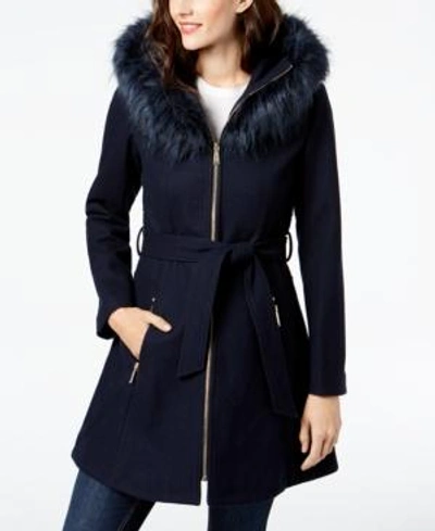 Shop Laundry By Shelli Segal Faux-fur-trim Hooded Coat In Petrol