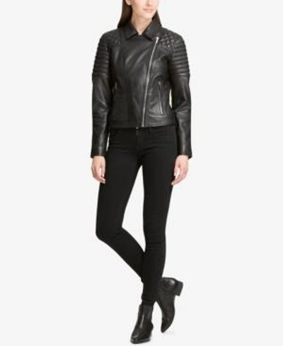 Shop Dkny Quilted-shoulder Leather Moto Jacket In Black