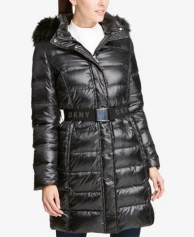 Shop Dkny Faux-fur-trim Belted Puffer Coat, Created For Macy's In Black