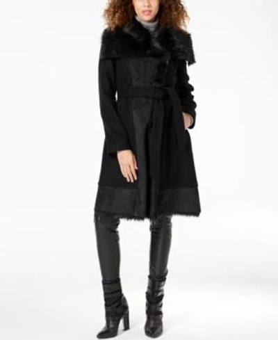 Shop Vince Camuto Faux-fur-trim Wrap Coat In Black