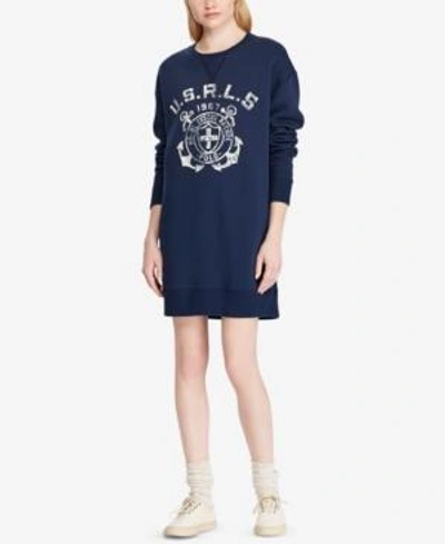 Shop Polo Ralph Lauren Printed Fleece Sweater Dress In Navy