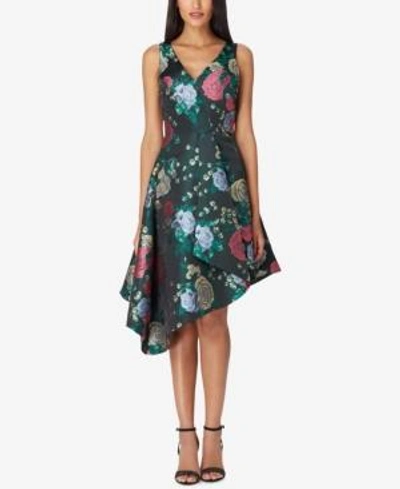 Shop Tahari Asl Asymmetrical Jacquard Dress In Forest/rose