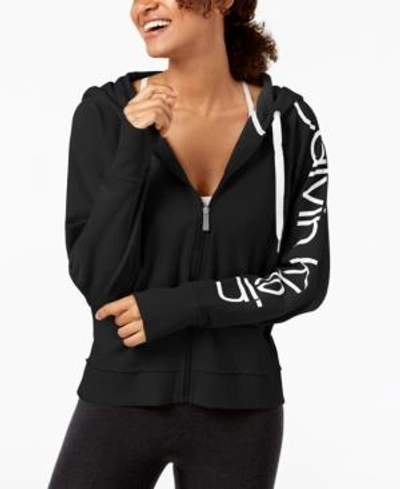 Shop Calvin Klein Performance Logo Relaxed Zip Hoodie In Black