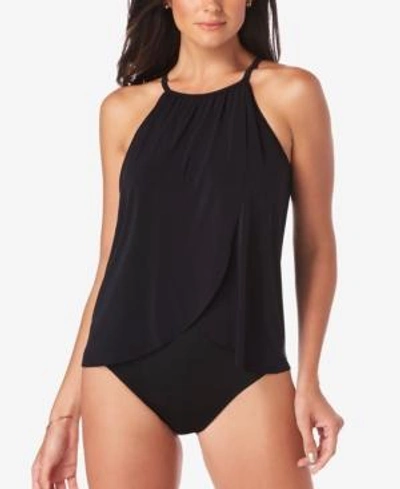 Shop Magicsuit Aubrey Slimming High-neck Drape-front One-piece Swimsuit Women's Swimsuit In Black