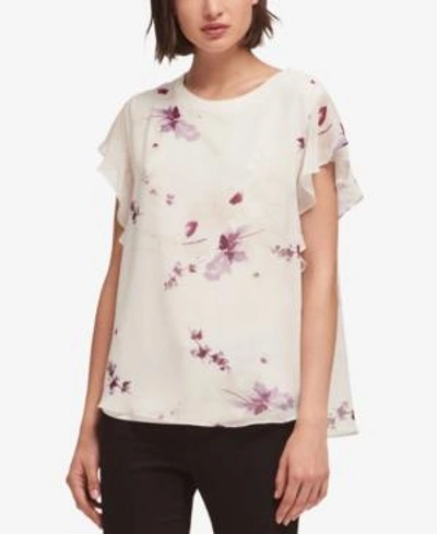Shop Dkny Ruffle Sleeve Floral-print Top, Created For Macy's In Ivory Multi