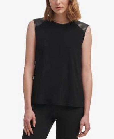 Shop Dkny Faux-leather-trim Top In Black
