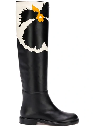 Shop Valentino Garavani Floral Knee High Flat Boots In Black