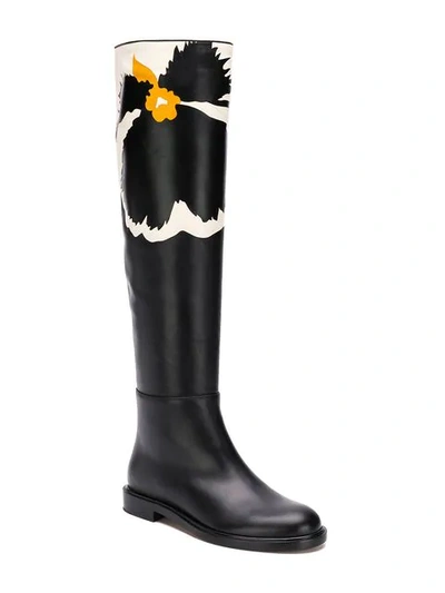 Shop Valentino Garavani Floral Knee High Flat Boots In Black