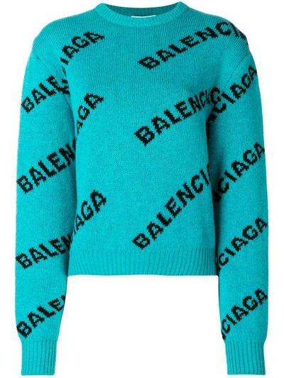 Shop Balenciaga Jacquard Logo Crewneck Cropped Sweater In Green