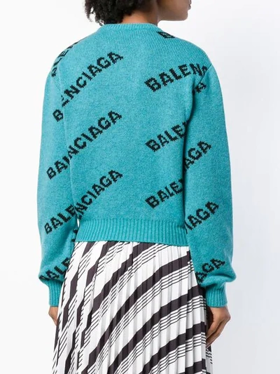Shop Balenciaga Jacquard Logo Crewneck Cropped Sweater In Green
