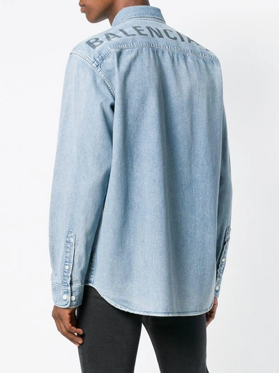 Shop Balenciaga Logo Chambray Shirt In Blue