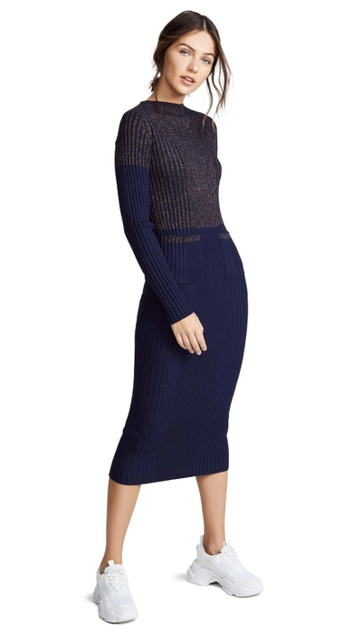 Shop Kenzo Fitted Midi Sweater Dress In Navy Blue