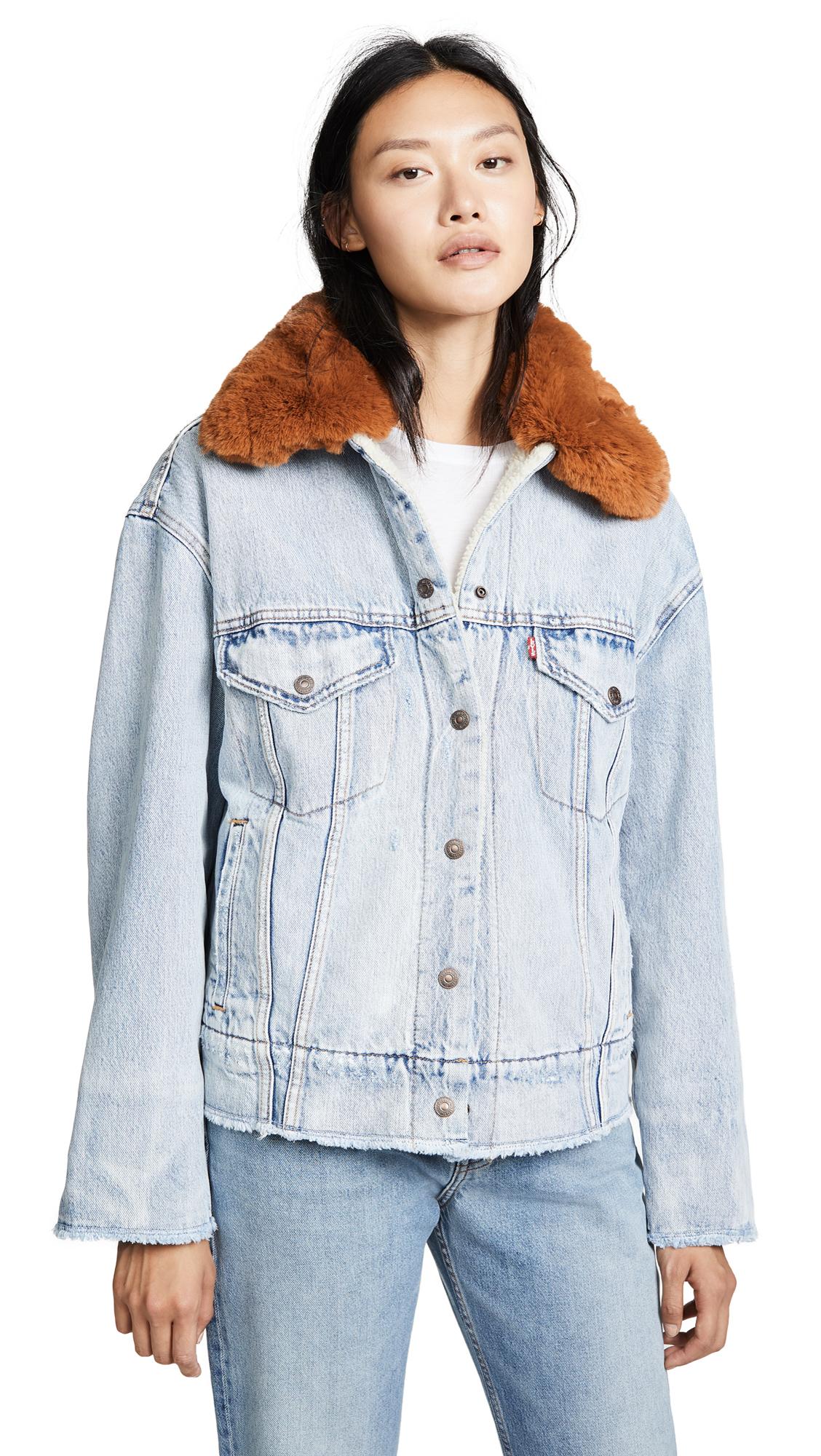 oversize faux shearling lined denim trucker jacket with removable faux fur collar