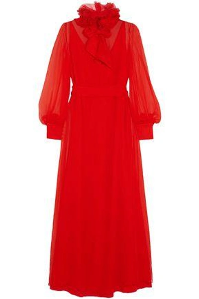 Shop Lanvin Woman Pussy-bow Ruffle-trimmed Silk-chiffon Maxi Dress Red