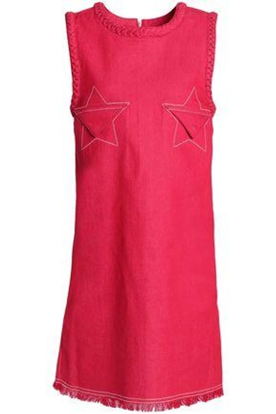 Shop House Of Holland Woman Embroidered Frayed Denim Mini Dress Crimson