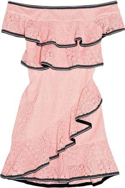 Shop Rebecca Vallance Off-the-shoulder Tiered Guipure Lace Mini Dress In Baby Pink