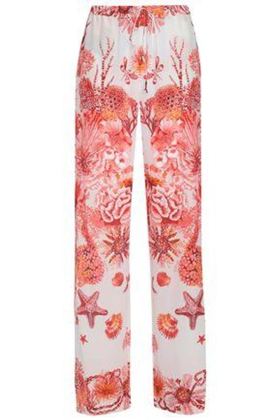 Shop Roberto Cavalli Woman Printed Silk Crepe De Chine Wide-leg Pants Coral