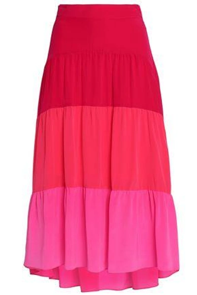 Shop Peter Pilotto Woman Gathered Color-block Silk Crepe De Chine Midi Skirt Bright Pink