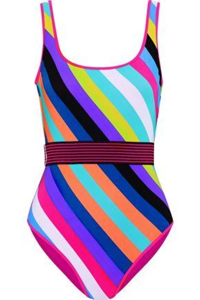 Shop Diane Von Furstenberg Woman Belted Striped Swimsuit Multicolor