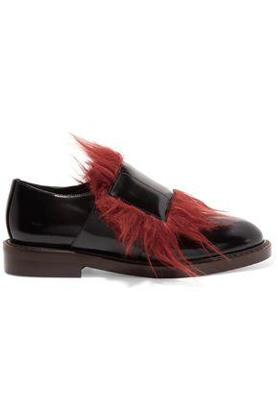 Shop Marni Woman Goat Hair-trimmed Leather Brogues Black