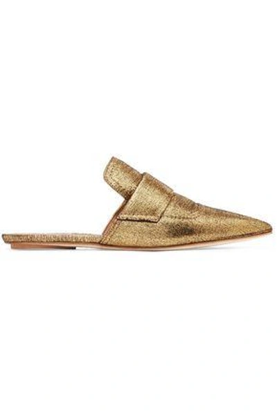 Shop Marni Metallic Textured-leather Slippers In Gold