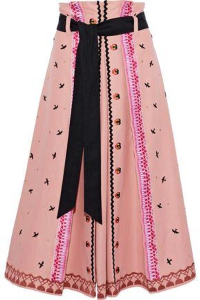 Shop Temperley London Woman Poppy Field Embroidered Cotton-faille Midi Skirt Baby Pink