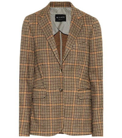 Shop Etro Houndstooth Wool-blend Blazer In Brown