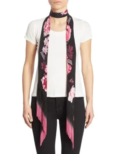 Shop Rockins Prickly Paisley Classic Skinny Fringed Silk Scarf In Bright Pink-black