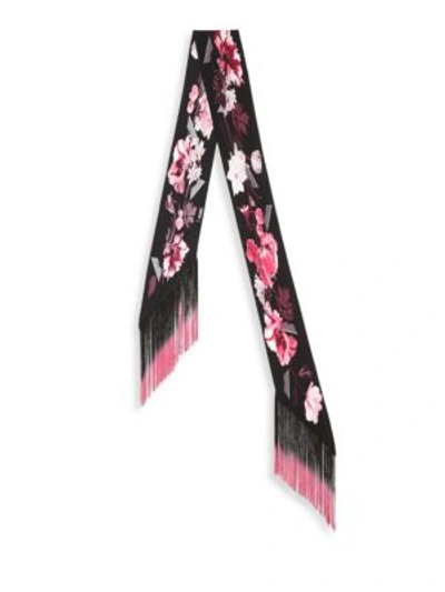 Shop Rockins Prickly Paisley Classic Skinny Fringed Silk Scarf In Bright Pink-black