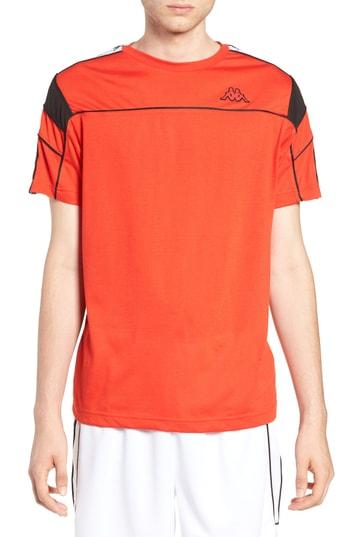 white and orange kappa shirt
