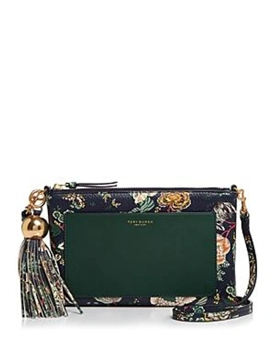 Shop Tory Burch Medium Floral-print Slim Leather Crossbody In Navy Blue