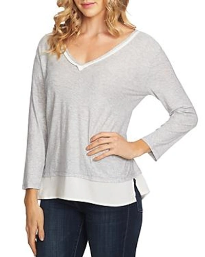 Shop Vince Camuto V-neck Mixed Media Top In Gray Heather