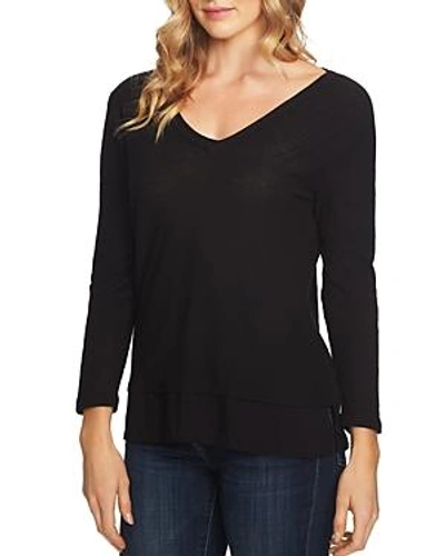 Shop Vince Camuto V-neck Mixed Media Top In Rich Black