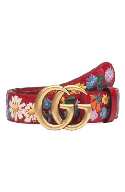 Shop Gucci Gg Flower Embroidered Calfskin Leather Belt In 6073 Hib Red Multi/hib Red