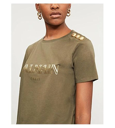 Shop Balmain Metallic Logo-print Cotton-jersey T-shirt In Khaki