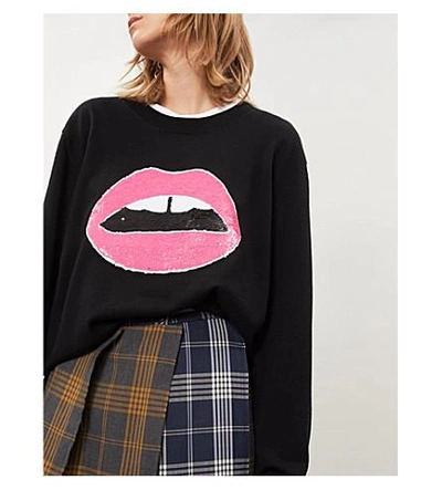 Shop Markus Lupfer Sequinned Lips-motif Merino Wool Jumper In Black Pink