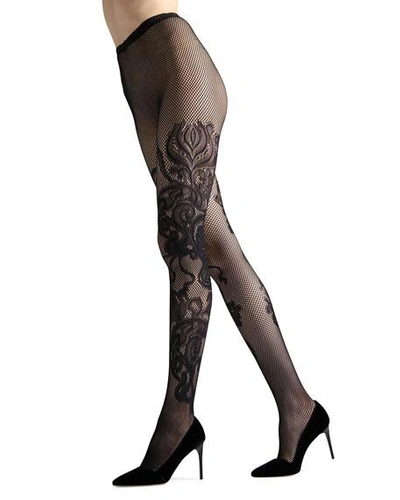 Shop Natori Scroll-detail Fishnet Tights In Black