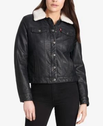 Levi's Trendy Plus Size Faux Leather Sherpa Lined Trucker Jacket In Black  Cream | ModeSens