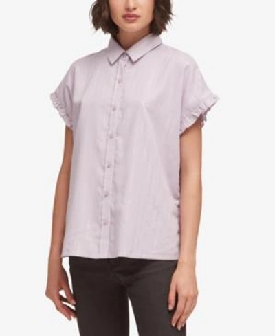 Shop Dkny Ruffle-trim Lurex Striped Shirt, Created For Macy's In Dusty Lavender
