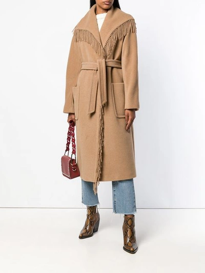 Shop Max Mara Fringed Belted Robe Coat In Neutrals