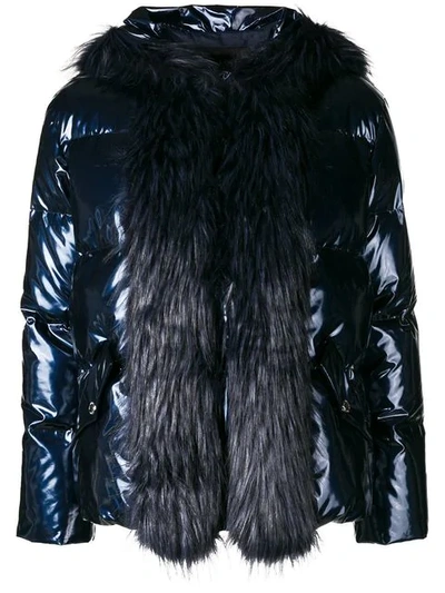 Shop Ermanno Ermanno Faux Fur Trim Puffer Jacket In Blue