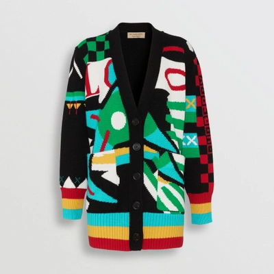 Shop Burberry Graphic Intarsia Merino Wool Cotton Cardigan In Multicolour